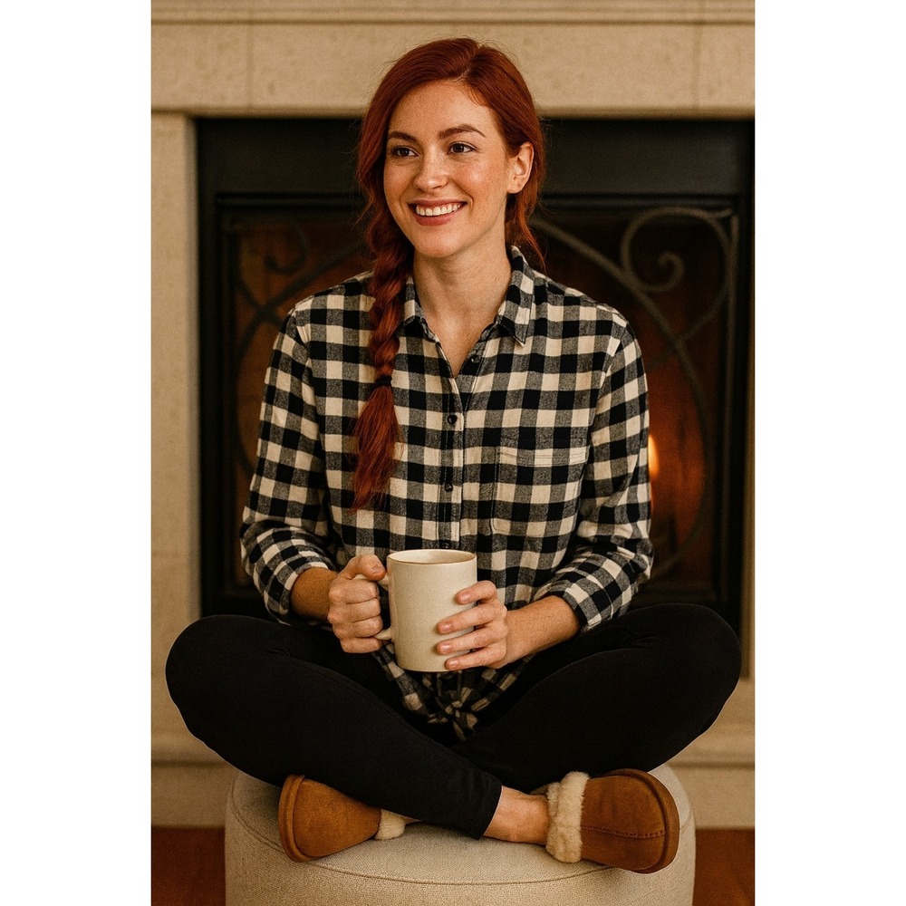 Lands End Womens 12P Black Buffalo Check Flannel Long Sleeve Cozy Grunge Cotton